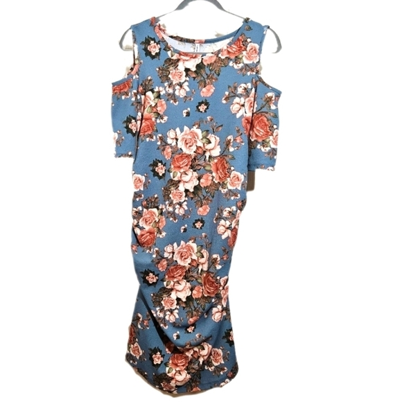 Planet Motherhood Blue Floral Cold Shoulder Maternity Dress Size M - Picture 1 of 8